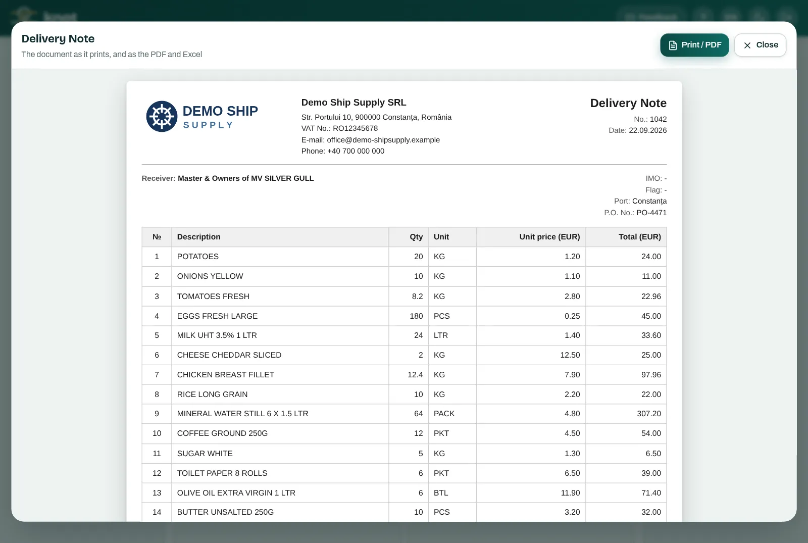 The delivery note in Knot, in preview: your logo and company details on top, the receiver and the priced lines
