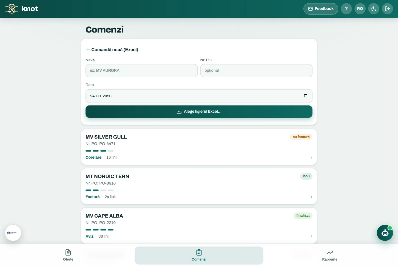 Lista de comenzi din Knot, pe telefon, cu progresul fiecărei comenzi