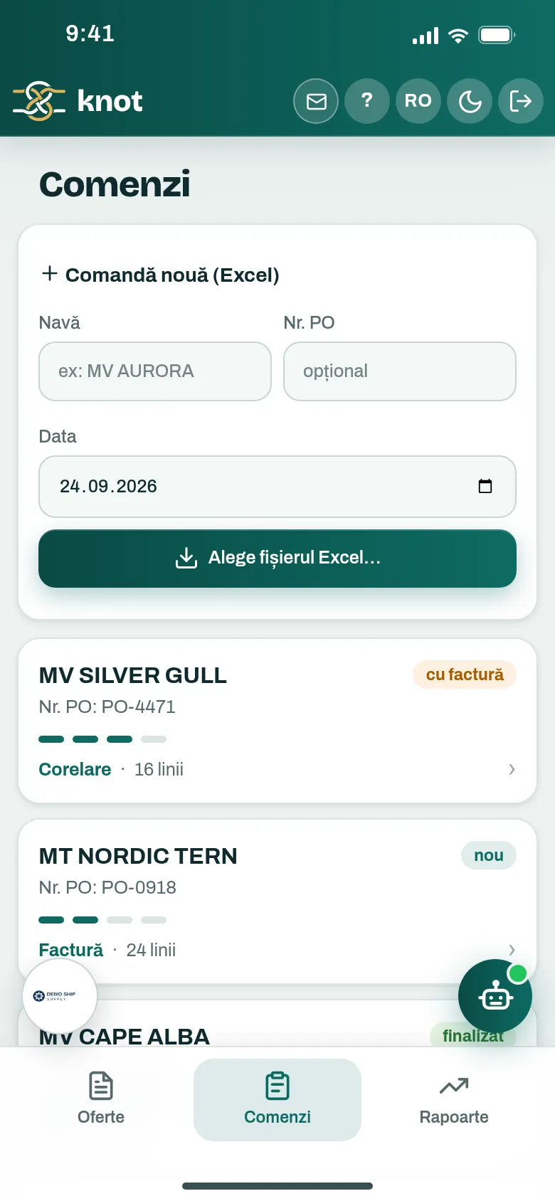 Lista de comenzi din Knot, pe telefon, cu progresul fiecărei comenzi